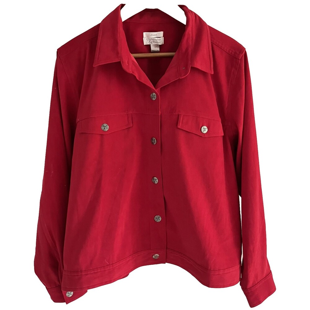 Christopher & Banks Jacket Faux Suede Button Up Pockets Stretch Red Women Large